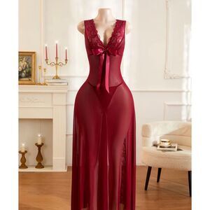 Wine Lace Sexy Bow Tie Long Dress With Thong Set Lingerie XL NWOT